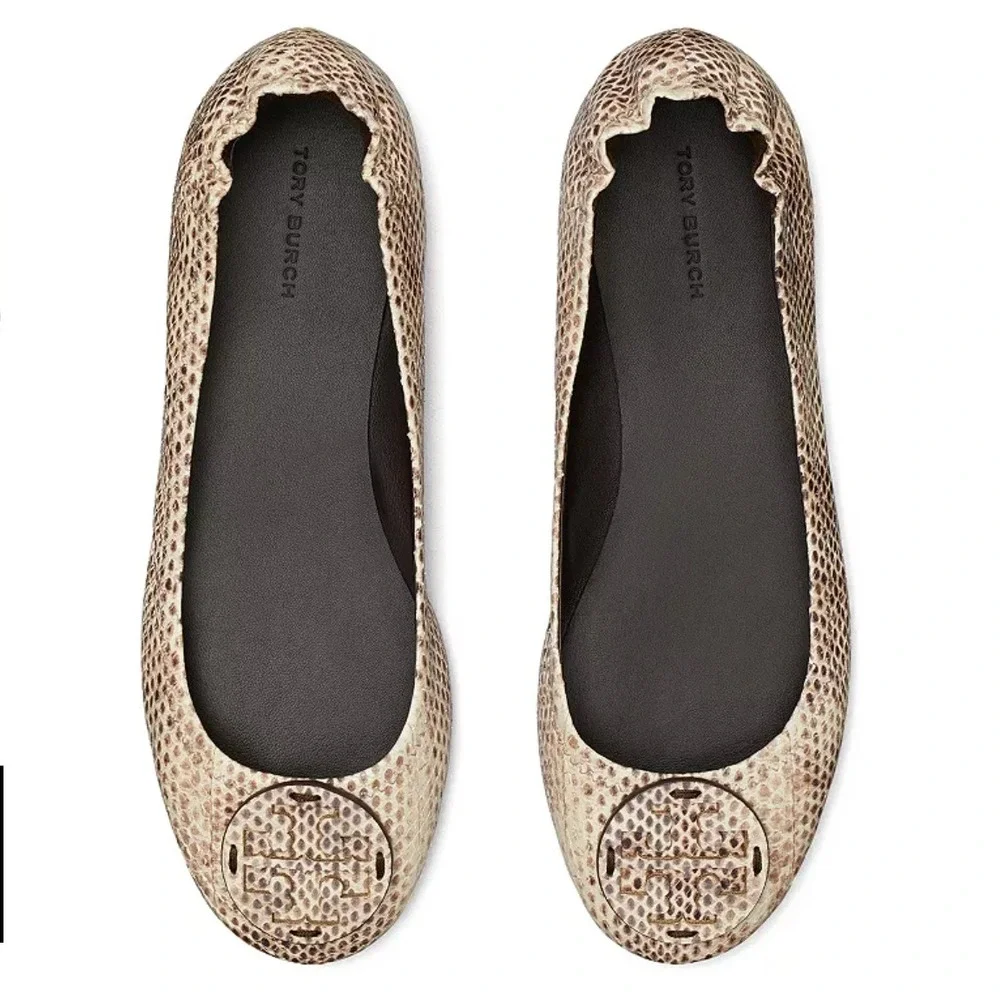 Tory Burch Size 7.5 Minnie Travel Ballet Flats‎ Snake Embossed Leather